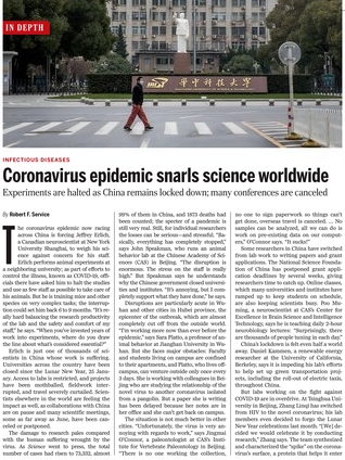 미국 과학 전문 저널 '사이언스 매거진'은 지난 21일 'Coronavirus epidemic snarls science worldwide' 라는 이름으로 세계 각국 연구진들의 상황을 보도했다. <사진=사이언스 매거진 홈페이지 갈무리>