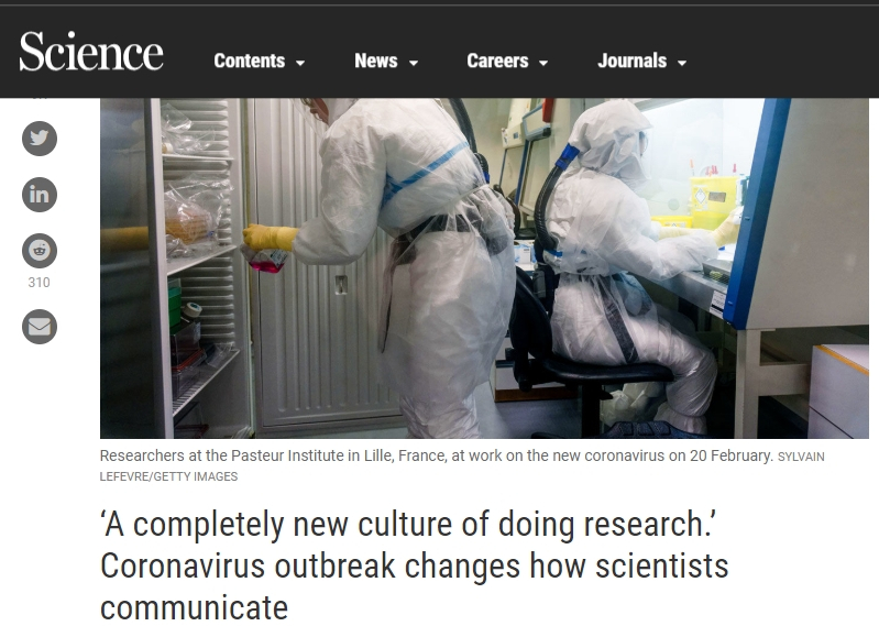 美 사이언스매거진은 전례없던 전염병 코로나19가 과학자들의 의사소통 방식에 변화를 주고 있다며 기사를 보도했다. <사진=사이언스 매거진 홈페이지 갈무리>