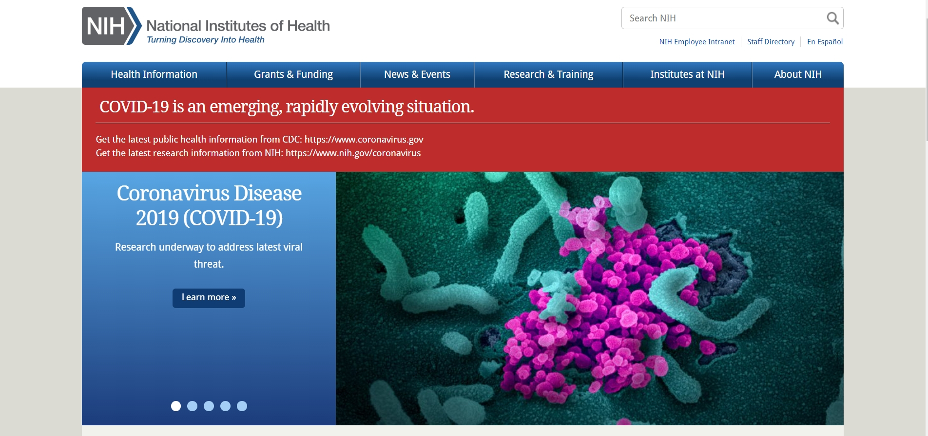 NIH(미국국립보건원) 홈페이지 메인 화면. 코로나19로 뒤덮인 모습이다. <사진=NIH 홈페이지 갈무리>