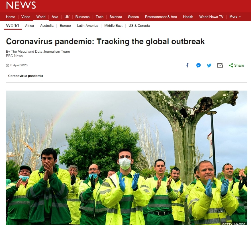BBC는 지난 8일 전 세계의 코로나19 확진자·사망자 추세를 분석해 보도했다. <사진=BBC 홈페이지 갈무리>