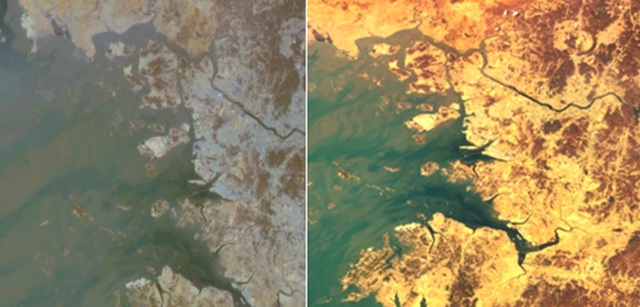 천리안위성 1호(사진 왼쪽)와 천리안위성 2B호(사진 오른쪽)가 촬영한 인천 모습.<사진= 한국항공우주연구원> 