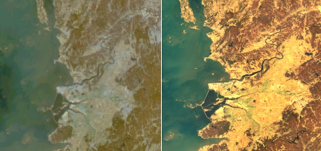 천리안위성 1호(사진 왼쪽)와 천리안위성 2B호가 촬영한 새만금.<사진= 한국항공우주연구원>