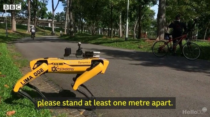 미국 보스턴 다이나믹스가 개발한 4족 보행 로봇 '스팟'이 싱가포르의 한 공원에서 순찰을 돌며 '사회적 거리두기'를 권고하고 있다. <사진=BBC>