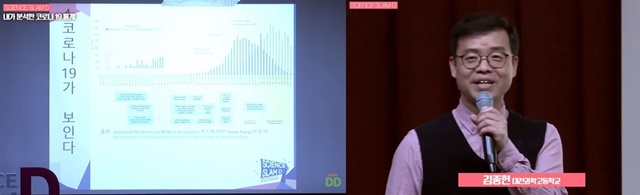 지난달 23일 열린 슬램D에서 김종헌 교사가 발표로 나서 직접 분석한 코로나19 통계에 대해 설명했다. <이미지 = 대덕넷 유튜브>