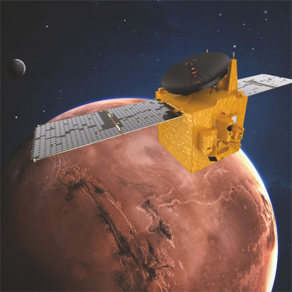 UAE의 탐사선 아말이 화성 궤도를 돌고 있는 모습의 상상도. <사진=UAE 무하마드 빈 라시드 우주센터>