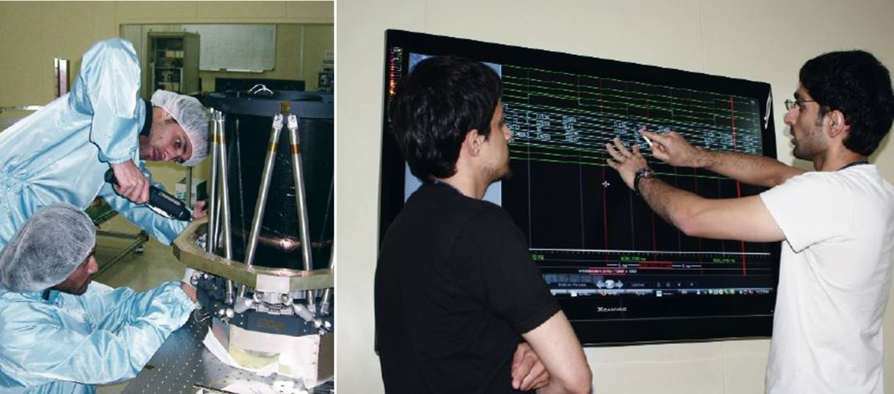 살렘 알 마리(Salem Al Marri) UAE 첨단과학기술부 국장(좌) 옴란 샤라프(Omran Sharaf) UAE 화성 탐사선 프로젝트 총괄(우)이 쎄트렉아이에서 연구하던 모습. [사진=모하메드 빈 라시드 우주센터(MBRSC)]