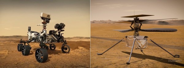 (왼쪽부터) 화성탐사선 '퍼시비어런스(Perseverance)'와 드론 '인제뉴티(Ingenuity)'. 퍼시비어런스와 인제뉴어티를 포함한 NASA의 화성 로봇 탐사 프로젝트의 명칭을 '마스 2020'이라 칭한다. 퍼시비어런스는 인제뉴어티 안내 하에 화성 곳곳의 흙과 암석 등 표본을 모아 지구로 귀환시키는 임무를 수행하게 된다. [사진=NASA]