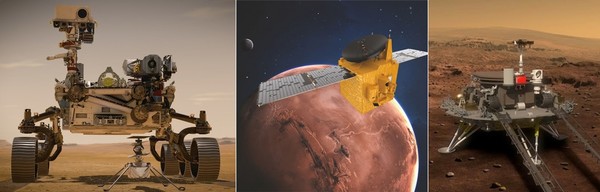 (왼쪽부터) NASA의 퍼시비어런스, UAE의 아말, 중국의 톈원 1호. 아말과 톈원 1호는 지난 10일(한국시간) 화성 궤도 진입에 성공했다. [사진=대덕넷DB]