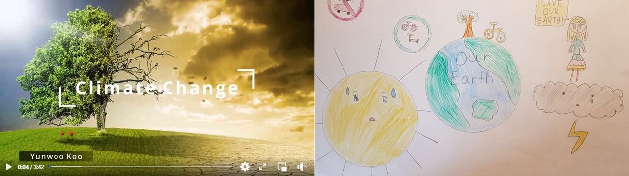 환경 다큐멘터리를 직접 만들어 공유한 구윤우 학생 작품(사진 왼쪽)의 이미지,  백승연 어린이의 탄소중립의 필요성을 담은 그림(사진 왼쪽).[사진= 뮌헨+청소년 과학교실]