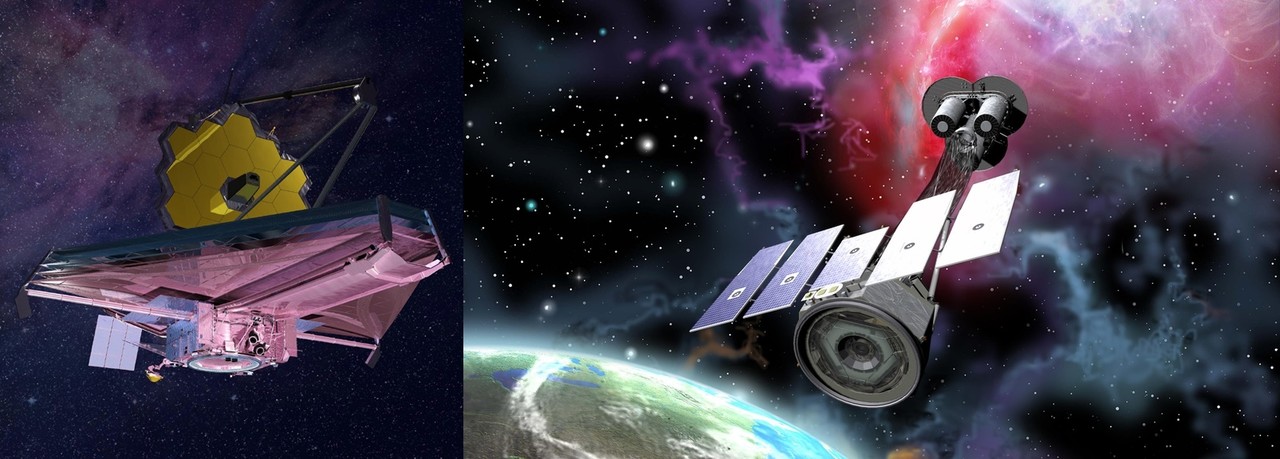 (왼쪽부터) 제임스 웹 우주망원경(JWST), X선 편광측정 이미지 탐사선(IXPE) 상상도. [사진=대덕넷DB∙NASA]