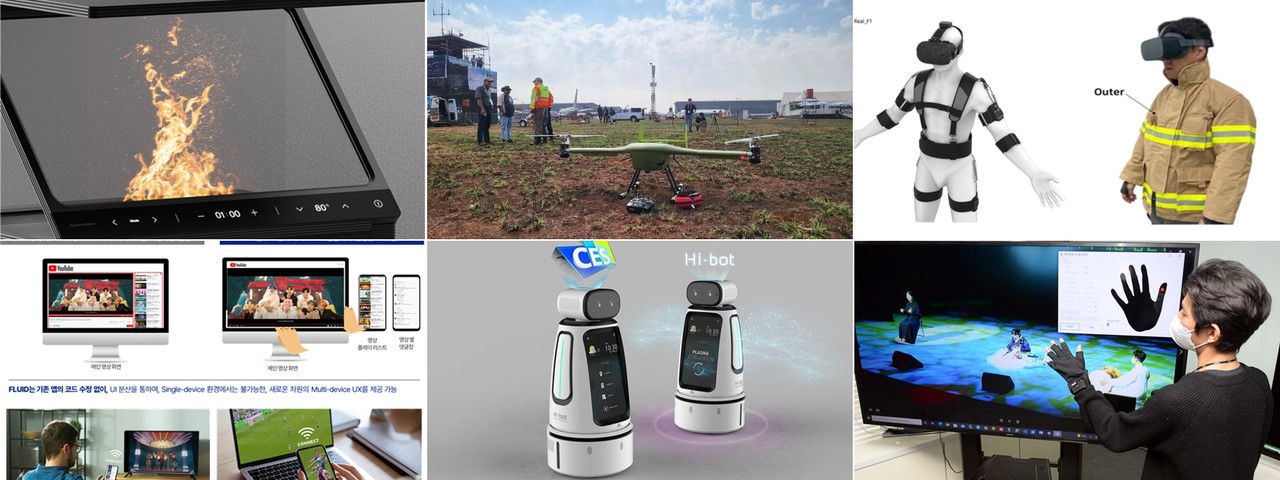CES2023에 대덕과 과기특성화대 출신 기업들이 참가한다. (왼쪽 위부터 시계방향 순으로) 그래핀스퀘어의 그래핀 라디에이터, 나르마의 틸트로터 드론, 테그웨이의 VR 소방슈트, 비햅틱스의 햅틱슈트·장갑,  힐스로보틱스의 자율주행 로봇 하이봇, 플루이즈의 차세대 멀티-디바이스 모바일 플랫폼. [사진=대덕넷DB]