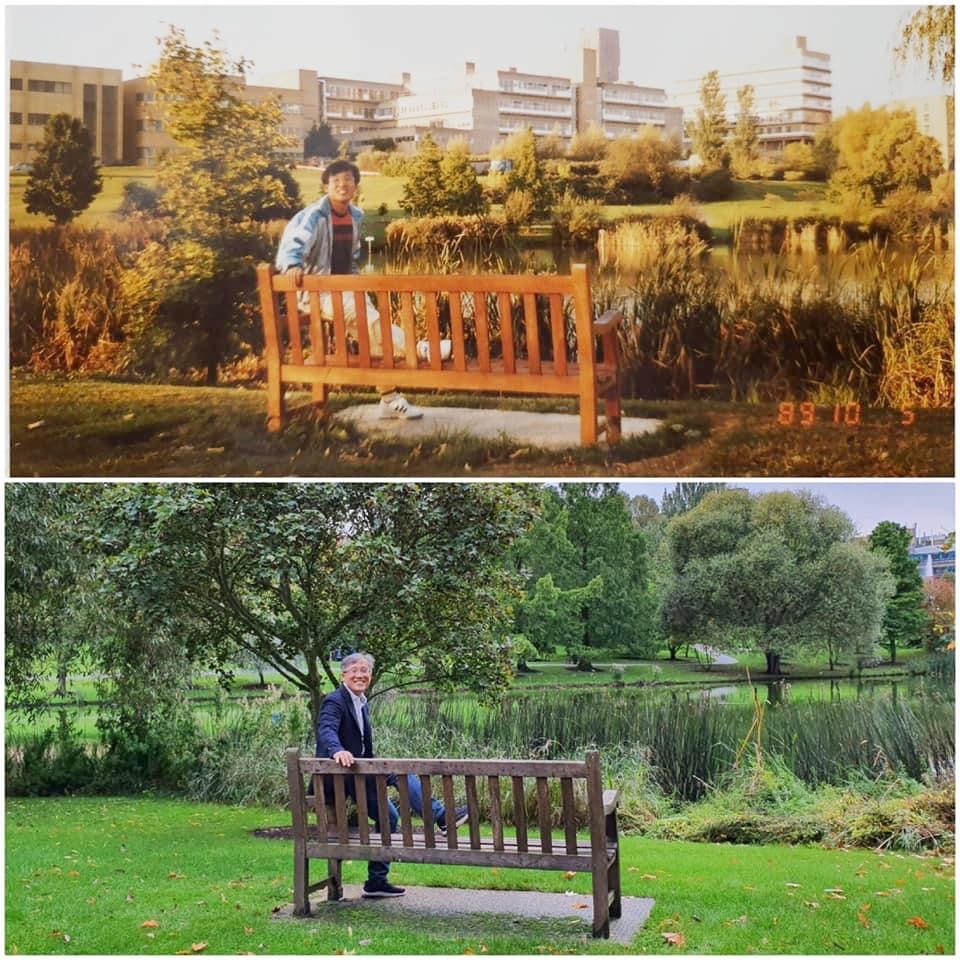 2019년, 그는 영국 서리를 방문했을 당시 과거 추억을 되살려 같은 곳, 같은 자세로 사진을 찍었다. [사진=박성동 전 의장]