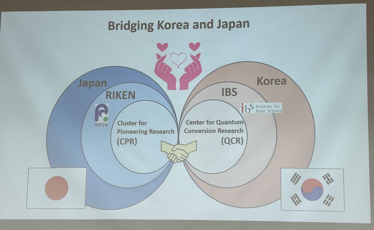 김유수 단장의 리켄 동료인 타하라 타헤이 박사의 한일 공동연구와 공영을 바라는 모양. 자신의 연구실인 CPR과 김 단장의 QCR이 협력하고, 그것이 리켄과 IBS란 기관으로 확대되며, 궁극적으로 한일 두 나라가 공동발전하기를 바라는 마음을 담고 있다. [사진=타하라 타헤이 박사 발표자료 캡처]
